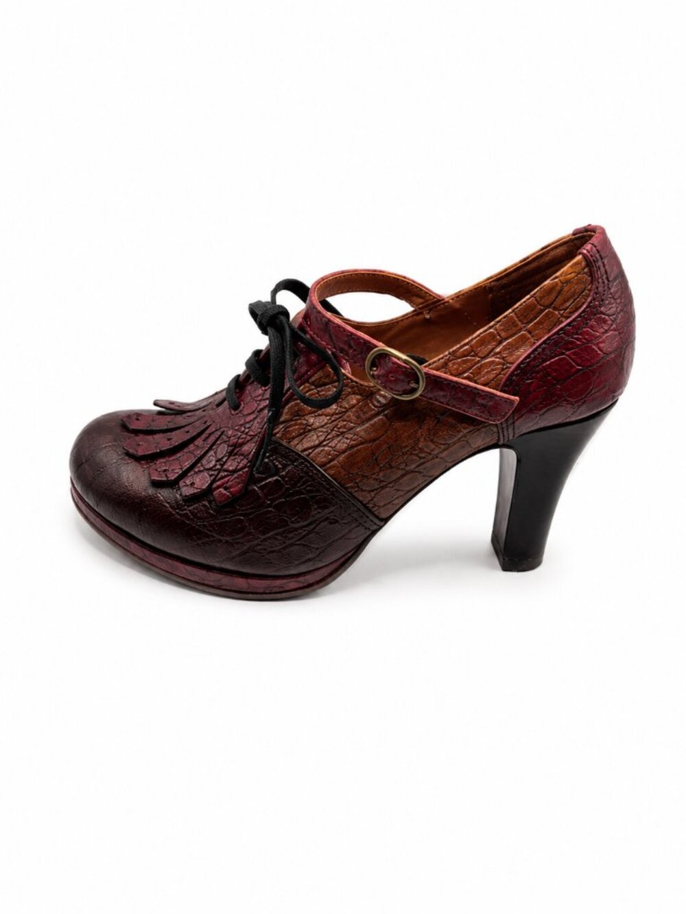 Chie Mihara Burgundy Croc Embossed Leather Mary Jane Heels EU 39